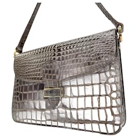 Yves Saint Laurent-Yves Saint Laurent Crocodile Embossed Shoulder Bag-Brown