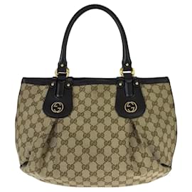 Gucci-Gucci Beige Brown GG Canvas Leather Tote Bag-Brown,Beige