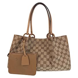 Gucci-Gucci Beige Brown GG Canvas Leather Tote Bag-Brown,Beige
