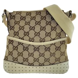 Gucci-Gucci Brown Ivory GG Canvas Leather Shoulder Bag-Brown,Cream