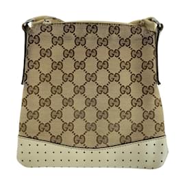 Gucci-Gucci Brown Ivory GG Canvas Leather Shoulder Bag-Brown,Cream