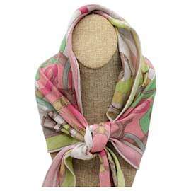 Hermès-Hermes Pink / Green Belt Motif Cashmere and Silk Losange Scarf-Multiple colors