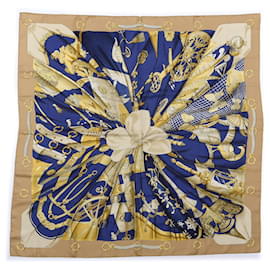 Hermès-Hermes Carré 90 "soleil de soie" 100% Silk Scarf in Navy x Beige-Beige