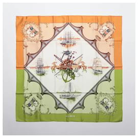Hermès-Hermes Carré 90 " BORDEAUX PORTE OCEANE" 100% Silk Scarf in Beige-Camel