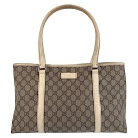 Gucci-Gucci Beige and White GG Canvas Leather Tote Bag-White,Beige