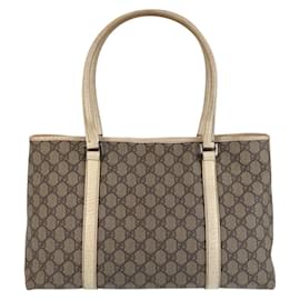 Gucci-Gucci Beige and White GG Canvas Leather Tote Bag-White,Beige