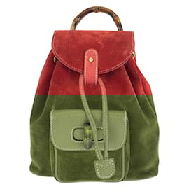 Gucci-Gucci Bamboo Red Gold Hardware Suede Leather Backpack-Red