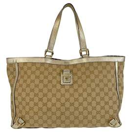 Gucci-Gucci Beige GG Canvas Leather Tote Bag-Beige