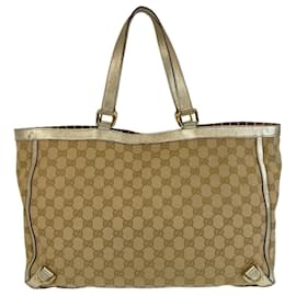 Gucci-Gucci Beige GG Canvas Leather Tote Bag-Beige