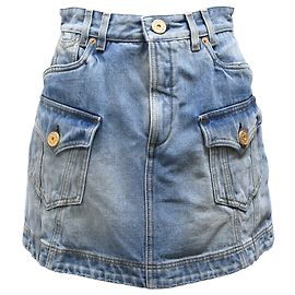 Falda Mini Cargo Balmain en Denim de Algodón Azul Azul Azul claro