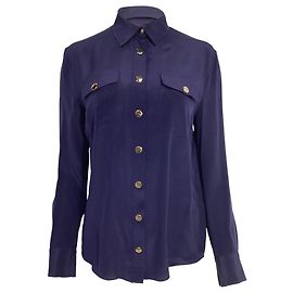 Chemise à manches longues en soie bleu marine avec boutons dorés Balmain Bleu Bleu Marine
