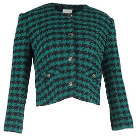 Sandro Paris Houndstooth Print Cropped Blazer in Green Tweed Wool Green