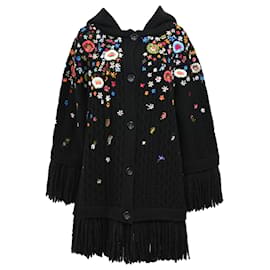 Red Valentino-Red Valentino Embroidered Fringed Cardigan in Black Wool-Black