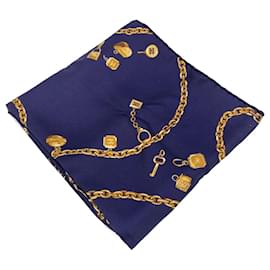 Céline-Navy Blue Silk Twill Square Scarf with Chain Print-Blue