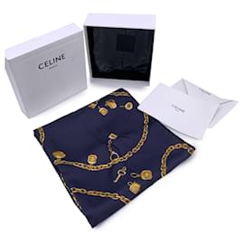 Céline-Navy Blue Silk Twill Square Scarf with Chain Print-Blue