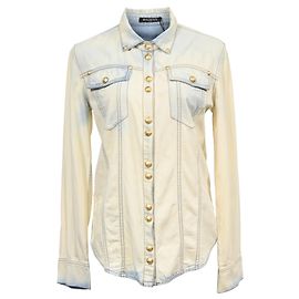 Balmain gebleichte Denim-Hemd aus hellblauer Baumwolle Blau Hellblau