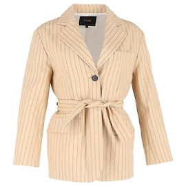 Blazer com cinto listrado Maje em algodão nude Marrom Carne