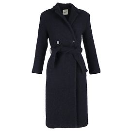 Sandro Paris Belted Double-Breasted Coat in Navy Blue Wool Blue Navy blue