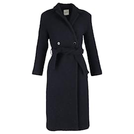 Sandro- Sandro Paris Belted Double-Breasted Coat in Navy Blue Wool-Blue,Navy blue