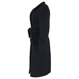 Sandro- Sandro Paris Belted Double-Breasted Coat in Navy Blue Wool-Blue,Navy blue