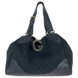 Gucci-Gucci Black GG Canvas Leather Tote Bag-Black