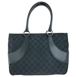 Gucci-Gucci Black GG Canvas Leather Tote Bag-Black