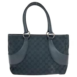 Gucci-Gucci Black GG Canvas Leather Tote Bag-Black