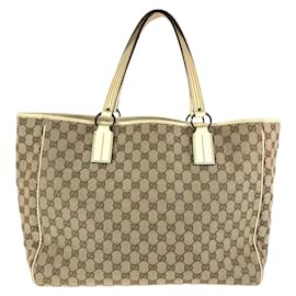 Gucci-Gucci Brown and White GG Canvas Leather Tote Bag-Brown,White