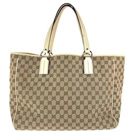 Gucci-Gucci Brown and White GG Canvas Leather Tote Bag-Brown,White