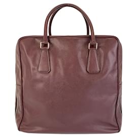 Prada-Prada Saffiano Triangle Logo Plate Boston Bag-Dark red
