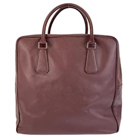 Prada-Prada Saffiano Triangle Logo Plate Boston Bag-Dark red