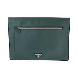 Prada-Prada Saffiano Triangle Logo Plate Clutch Bag-Black,Green