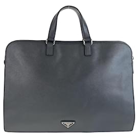 Prada-Prada Saffiano Triangle Logo Plate Briefcase-Dark grey
