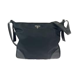 Prada-Prada Tessuto Vitello Dino Triangle Logo Plate Shoulder Bag-Black