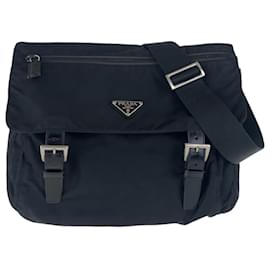 Prada-Prada Nylon Leather Tessuto Logo Shoulder Bag-Black