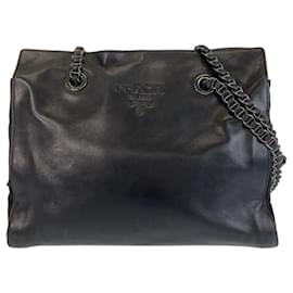 Prada-Prada Vintage Black Leather Plachain Shoulder Bag Tote-Black