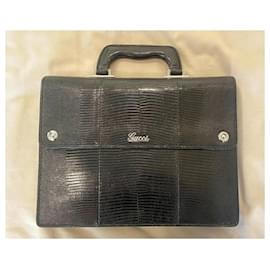 Gucci-GUCCI Bolsa masculina em couro de lagarto-Preto