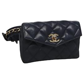 Chanel-CHANEL Matelasse Chain Waist bag Lamb Skin Navy Gold CC Auth bs21834-Golden,Navy blue