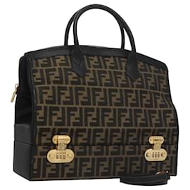 Fendi-FENDI Zucca Canvas Hand Bag 2way Brown Black gold Auth 113513-Brown,Black,Golden