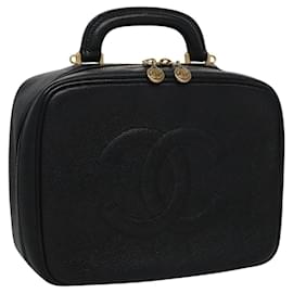 Chanel-Pochette de maquillage CHANEL Vanity en cuir caviar noir avec CC doré Auth PP184-Noir,Doré