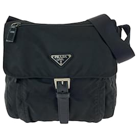 Prada-Prada Tessuto Triangle Logo Plate Shoulder Bag-Black