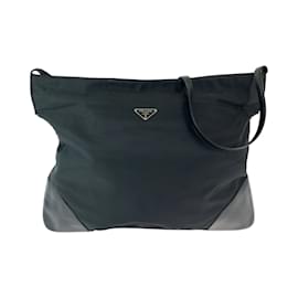 Prada-Prada Tessuto Triangle Logo Plate Black Nylon Shoulder Bag-Black