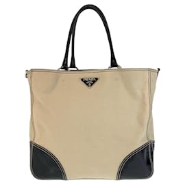 Prada-Prada Enamel Leather Tote Bag-Black,Beige
