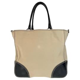 Prada-Prada Enamel Leather Tote Bag-Black,Beige