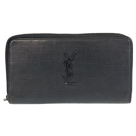 Saint Laurent YSL Embossed Black Leather Long Wallet Black