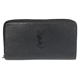 Saint Laurent-Saint Laurent YSL Embossed Black Leather Long Wallet-Black