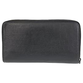 Saint Laurent-Saint Laurent YSL Embossed Black Leather Long Wallet-Black