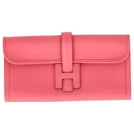 Hermès-Hermès Swift Jige Duo Clutch in Pink Leather-Brown,Pink