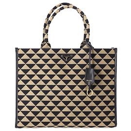 Prada Large Symbole Embroidered Tote Bag in Black and Beige Polyester Beige