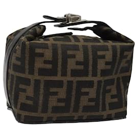 Fendi-FENDI Zucca Canvas Vanity Pouch Brown Black Silver Auth 113786-Brown,Black,Silvery